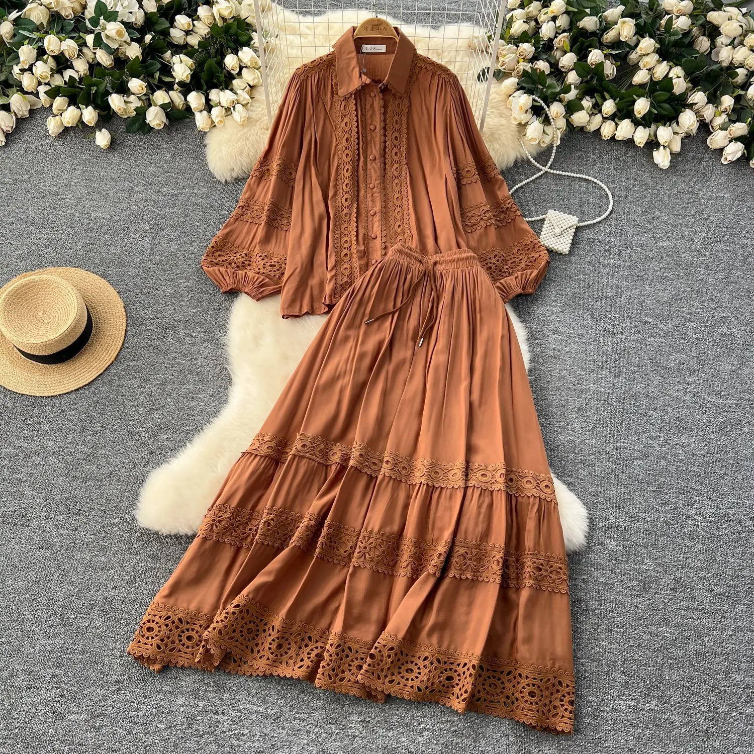 Women Two Piece Sets Skirt Set Lantern Sleeve Turn Down Collar Tops Long Skirts A Line Lace Hollow Out High Waist Elegant Work - view 6