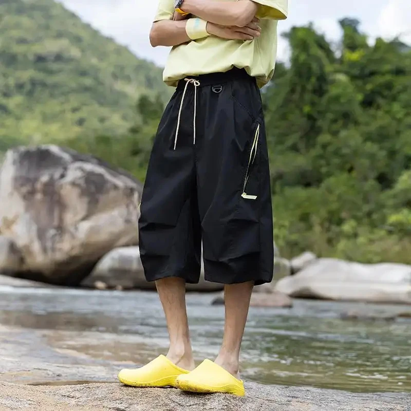 2026 Summer Men's Shorts, Japanese Retro Style, Functional Cargo Pants with Multiple Large Pockets, Lightweight, Thin, Loose, Wi