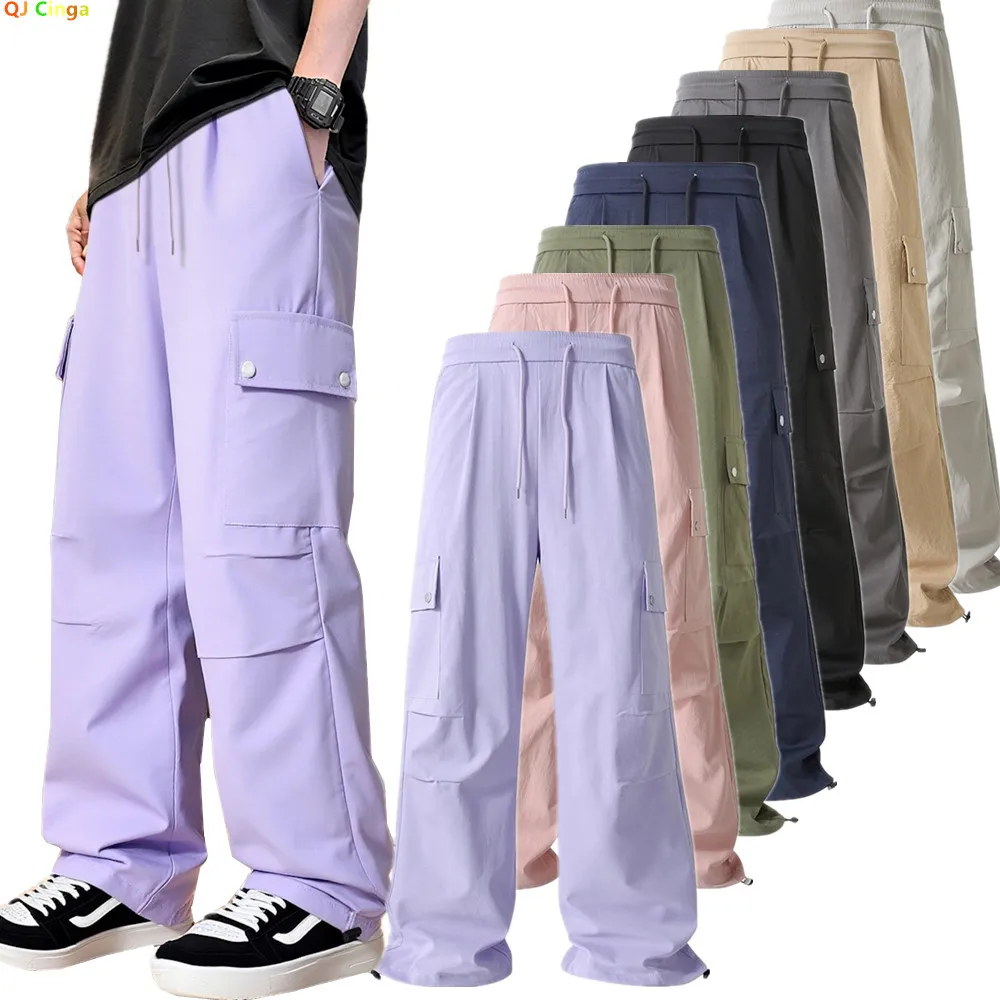 Light Purple Unisex Trousers, Workwear-inspired Men's Casual Pants, Women's Drawstring Wide-leg Pant.