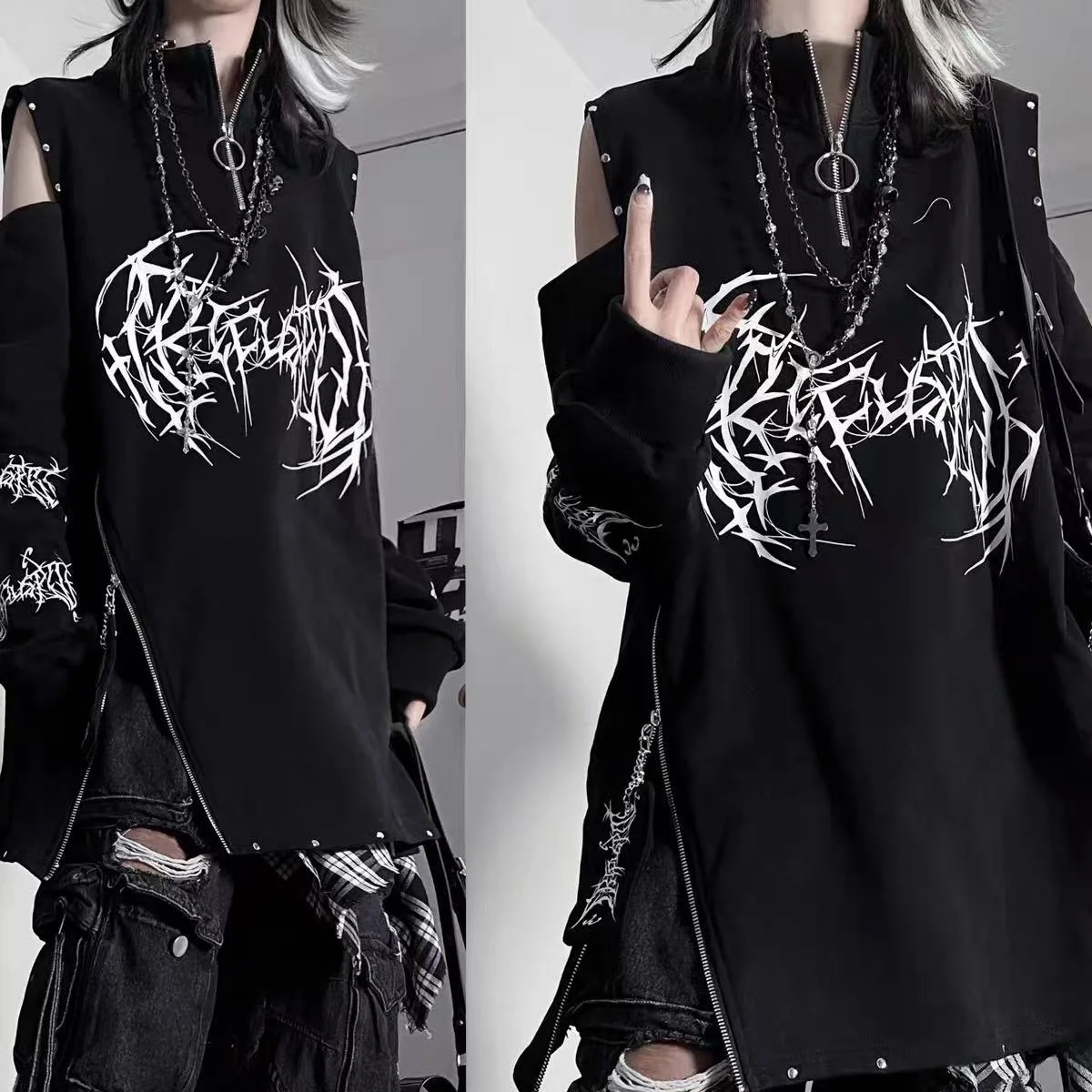 Y2K Punk Style Cross Necklace Shoulder Bared Long Sleeve T Shirt Women's Loose Fit Cotton Top Crossbody Versatile Millennial