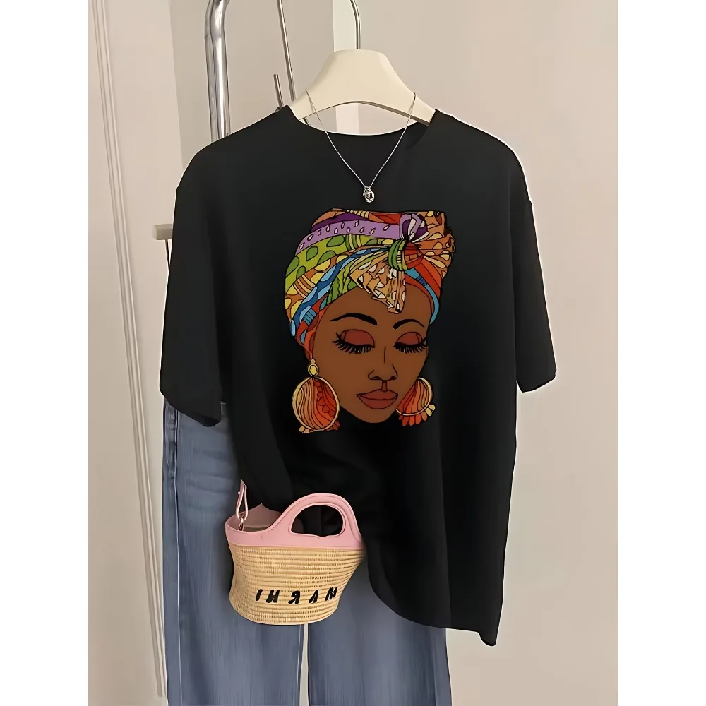 Women'S New T-Shirt Featuring Patterns of African Culture Headscarves And Large Earrings Harajuku Kawaii Y2K Clothing Trendy