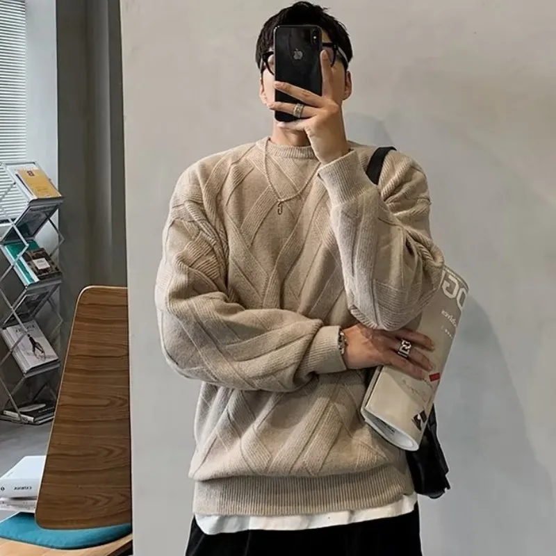 Suéter Tricotado de Gola Redonda Estilo Casual Masculino, Moda Outono Inverno, Cor Sólida, Estilo Americano