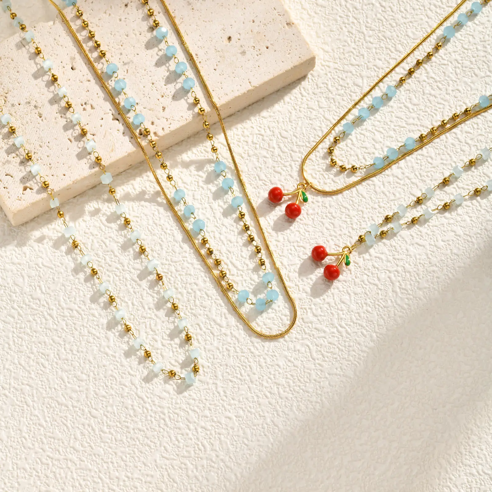 

Vnox Stainless Steel Cherry Fruit Bouble-layered Necklace, Light Blue Spacer Beaded Round Snake Chain Cherry Necklace for Women
