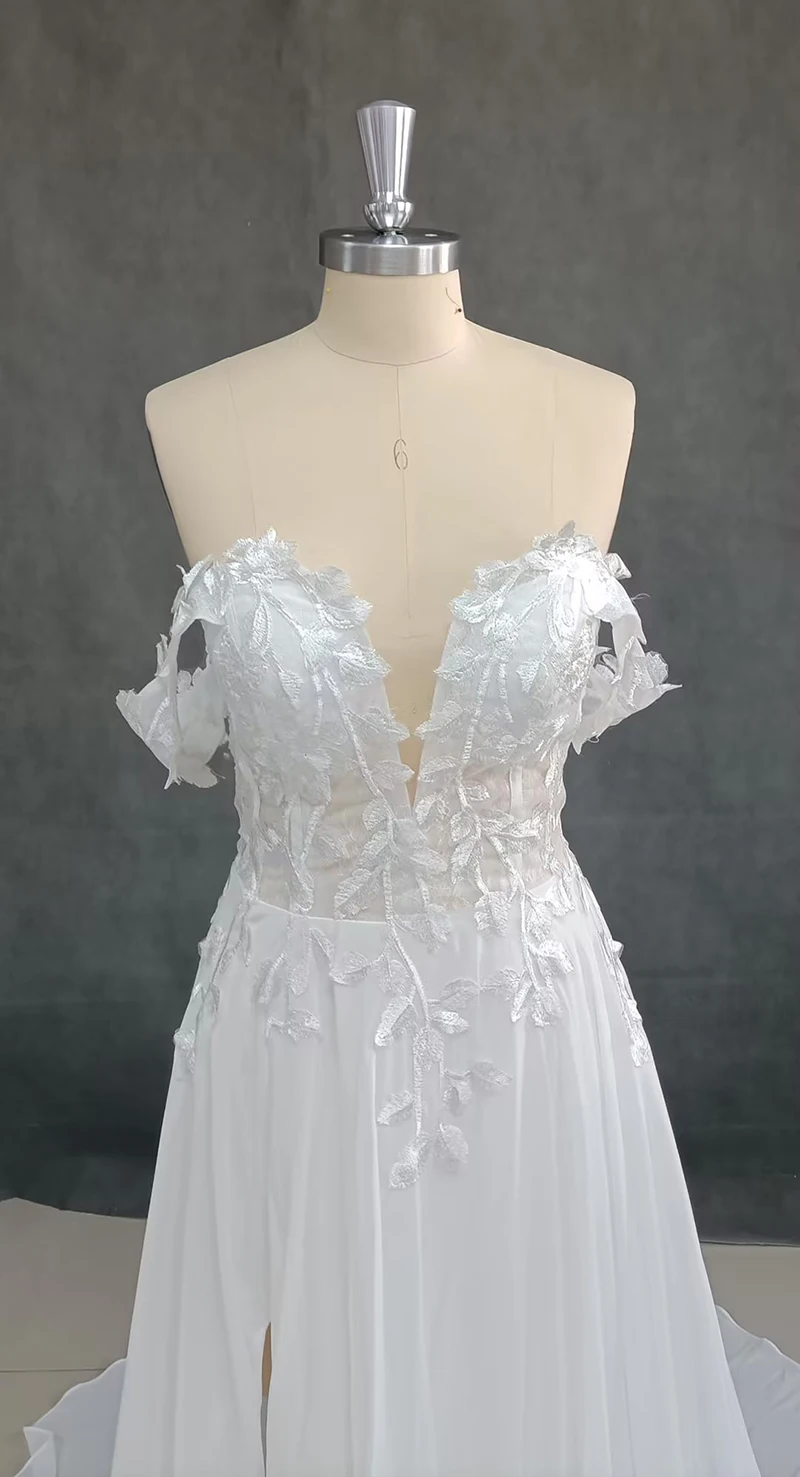 LORIE Lace Boho abiti da sposa una linea al largo della spalla Chiffon Beach Sweetheart abiti da sposa abiti da sposa Sexy con spacco laterale