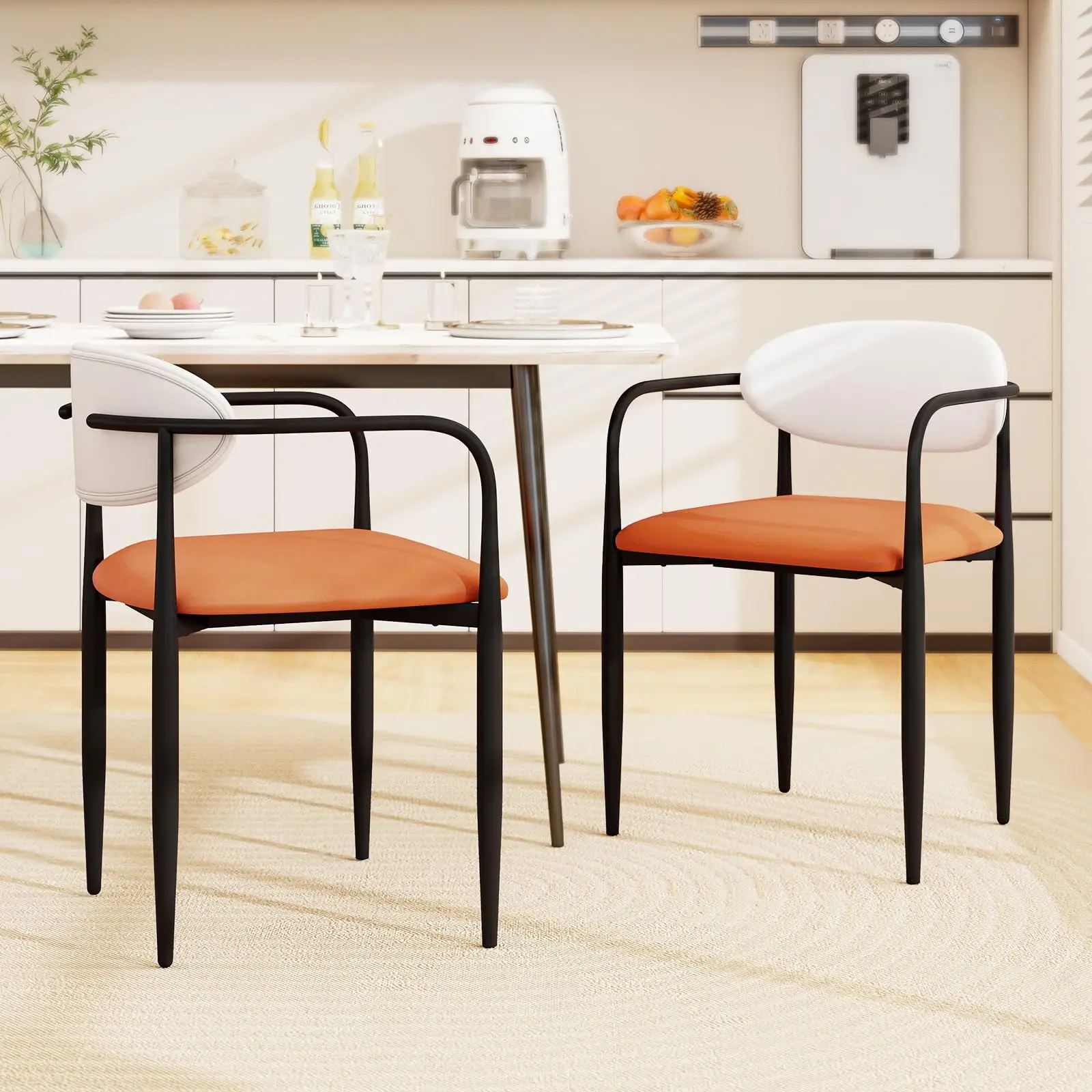 Modern Dining Chairs Set of 2, Faux Leather Upholstered Kitchen Chairs with Orange Padded Seat, Curved Back, Metal