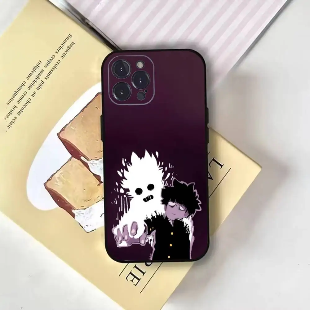 حافظة هاتف Anime M-Mob P-Psycho 100 لهاتف iPhone17,16,15,14,13,12,11 Plus, Pro Max, غطاء أسود ناعم