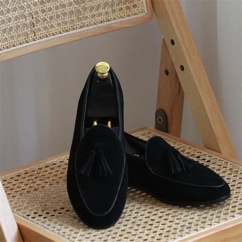 New Dark Blue Men Loafers Handmade Cow Suede Tassel Solid Color Round Head Slip-on Fashion Business Casual Party Daily Men Shoes