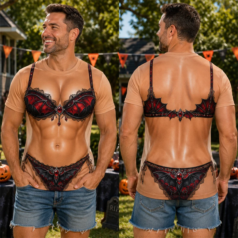 Mens Women Halloween Humor T‑Shirt Realistic Fake Bikini Printed Short Sleeve Tee Novelty Cosplay Outfit For Holiday Gathering