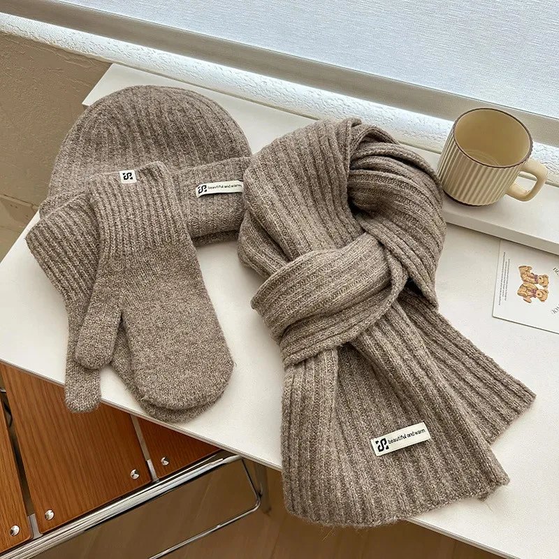 Set Tiga Potong Syal Rajut Sarung Tangan Topi Untuk Wanita&Pria Musim Dingin Tebal Hangat Topi Beanie Topi Anti Dingin Luar Ruangan Set Syal Sarung Tangan
