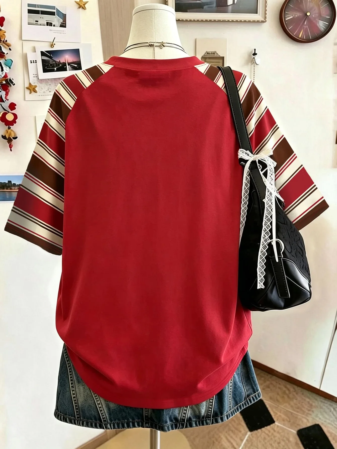 Y2K American Retro Short Sleeved T-shirt with Star Letter Print, Contrasting Stripes, Raglan Sleeves, Loose Fitting Women's Top