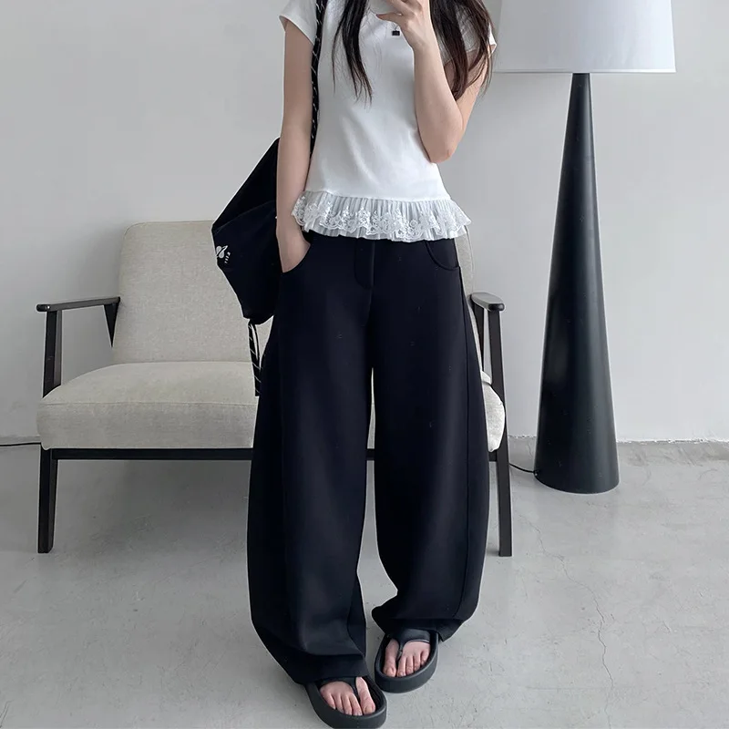 Korean Retro Loose Sweatpants Women Autumn Winter Fleece High Waist Sports Workout Sweat Pants Y2k High Street Wide Leg Trousers
