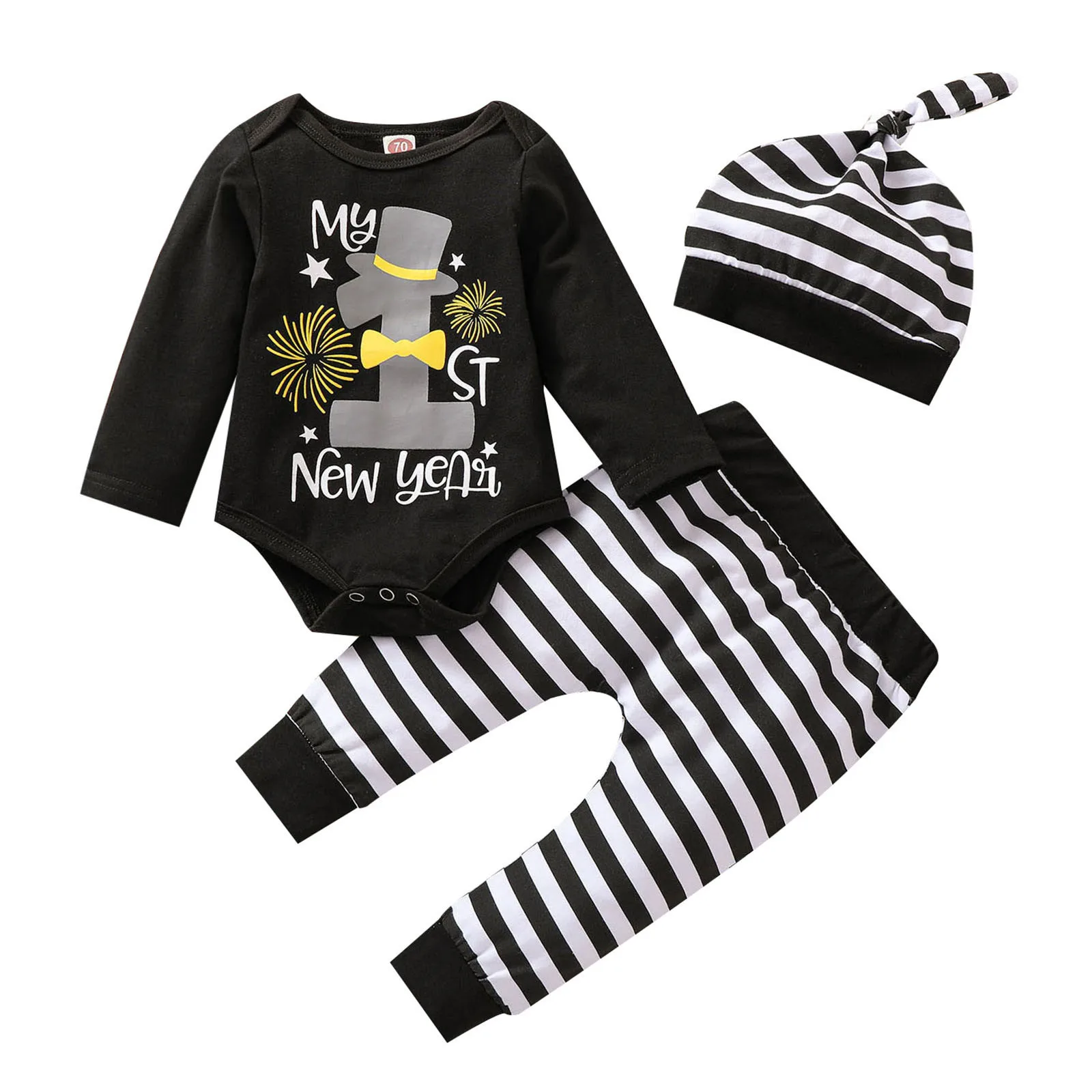 My First New Year Baby Boy Girls Clothes Sets for Newborn Baby Clothing Letter Print Romper+Striped Pants+Hat 3Pcs Outfits 0-18M