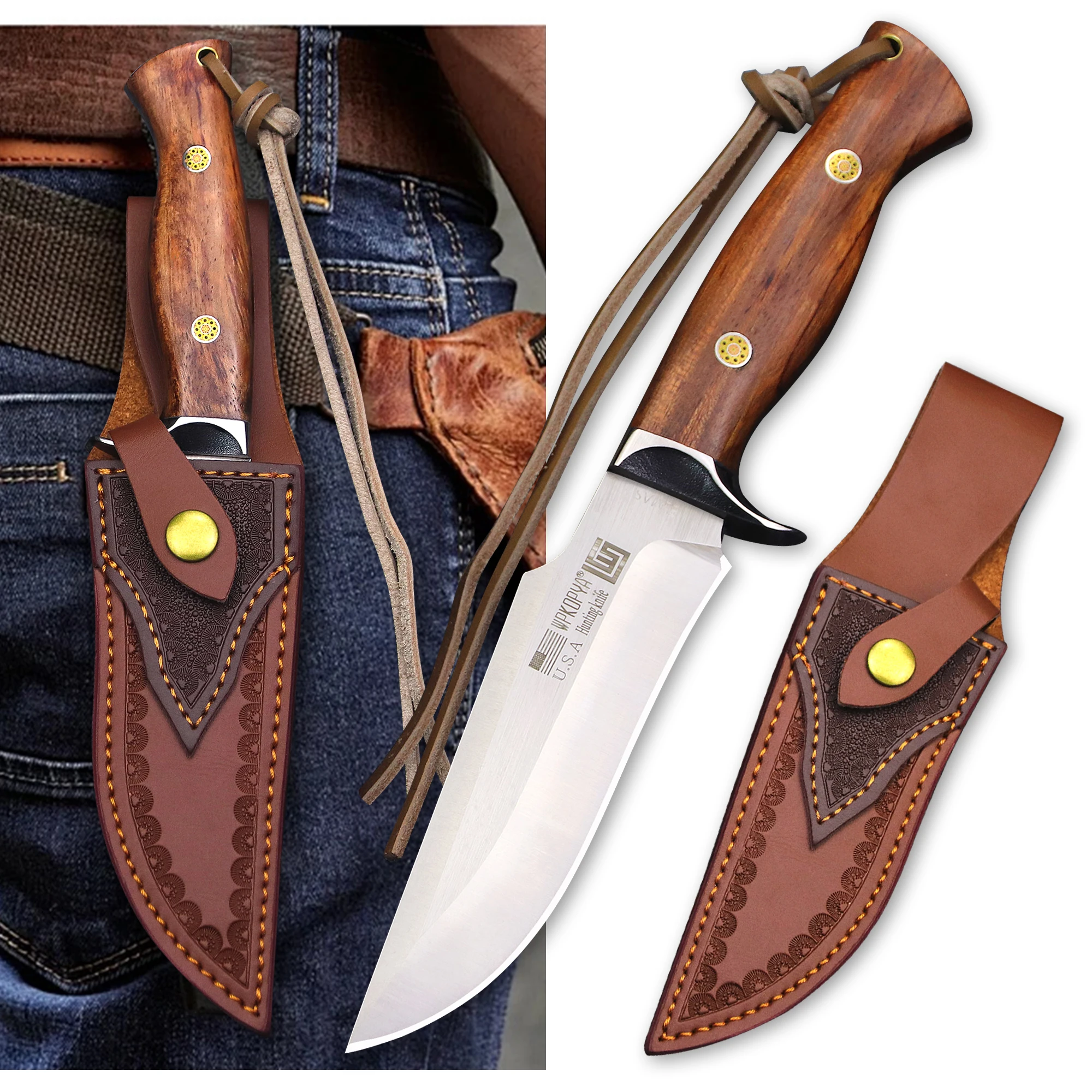 WPKOPYA USA M390 Hunting Full Tang Straight Knife + Sheath, Outdoor Survival Straight Knife, EDC Tactical Knife