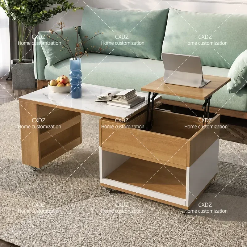Multifunctional Lifting Rotating Folding Coffee Table Movable Sofa Side Table with Wheels for Living Room Small Apartment