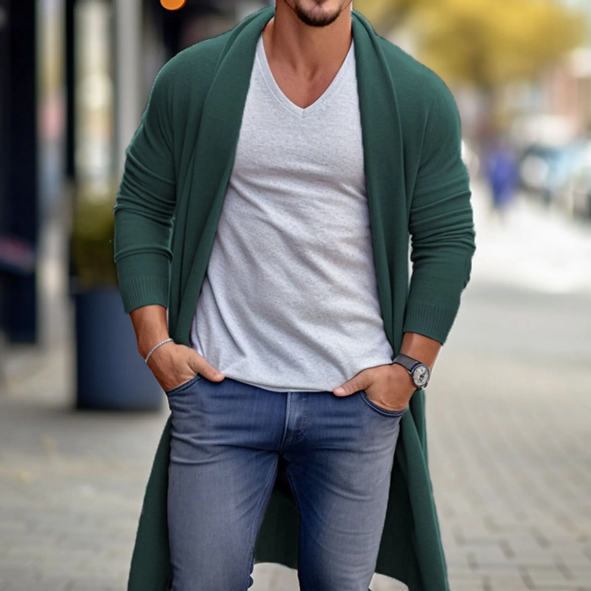 European American Male Fashion Street Knitted Cardigan Spring  Autumn Thin Knit Shirt Men\'s Sweater Loose Long Woolen Coat