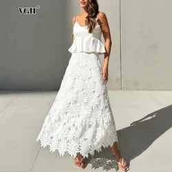 VGH Beach Style Two Piece Sets for Women Tank Top High Waist A Line Spliced Flowers Irregular Hem Skirt Solid Suit Female New