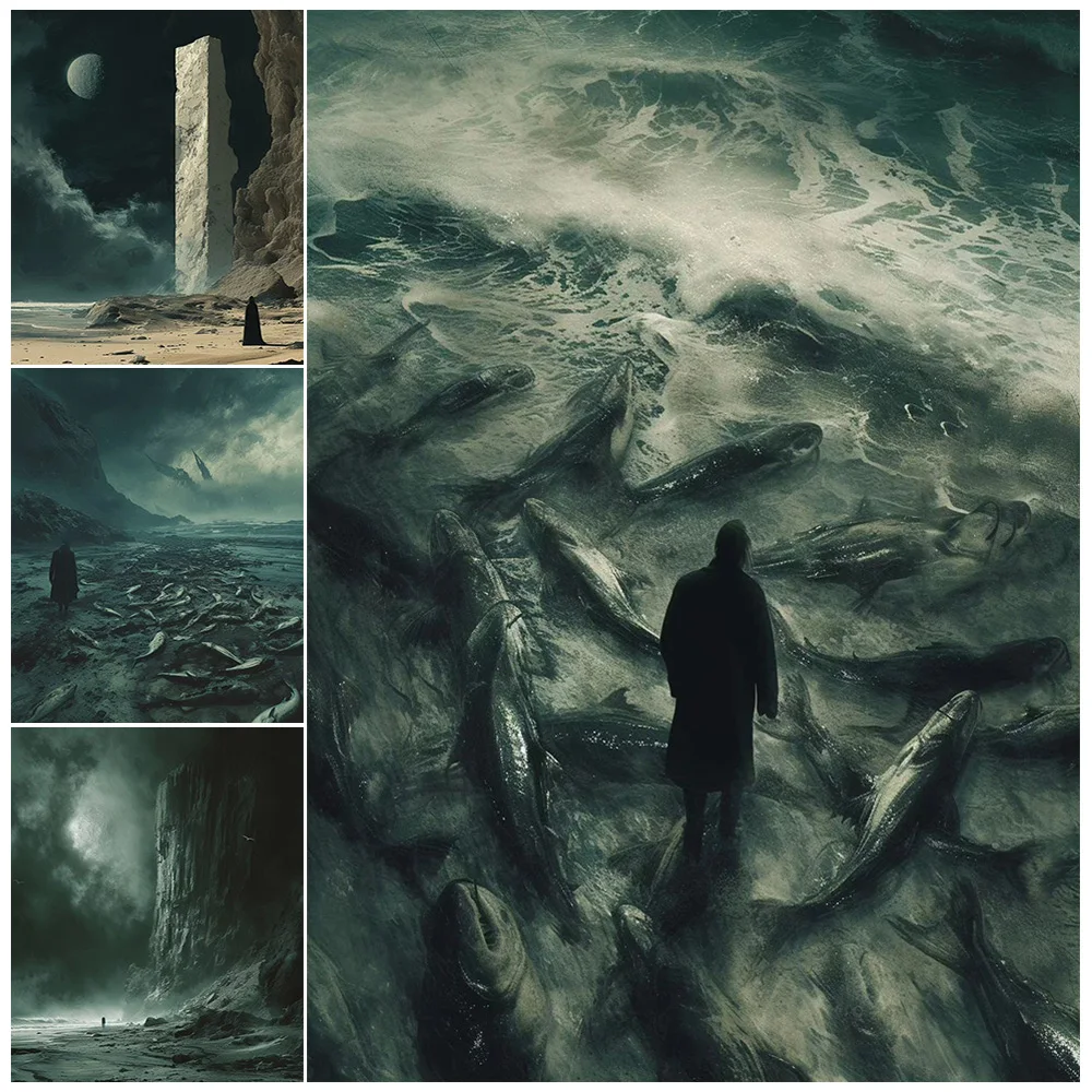Beach Of The Dead,And Land Of Nothingness,Vintage Wall Art Canvas Painting,Surreal Fantasy Gothic Art Poster Print Home Decor