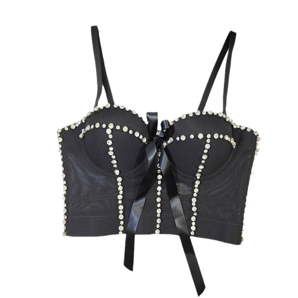 

Sexy Bow Rhinestone Bustier Corset Top French Design Push Up Lace Up Corset for Women Clubwear Night Out Lingerie Underbust