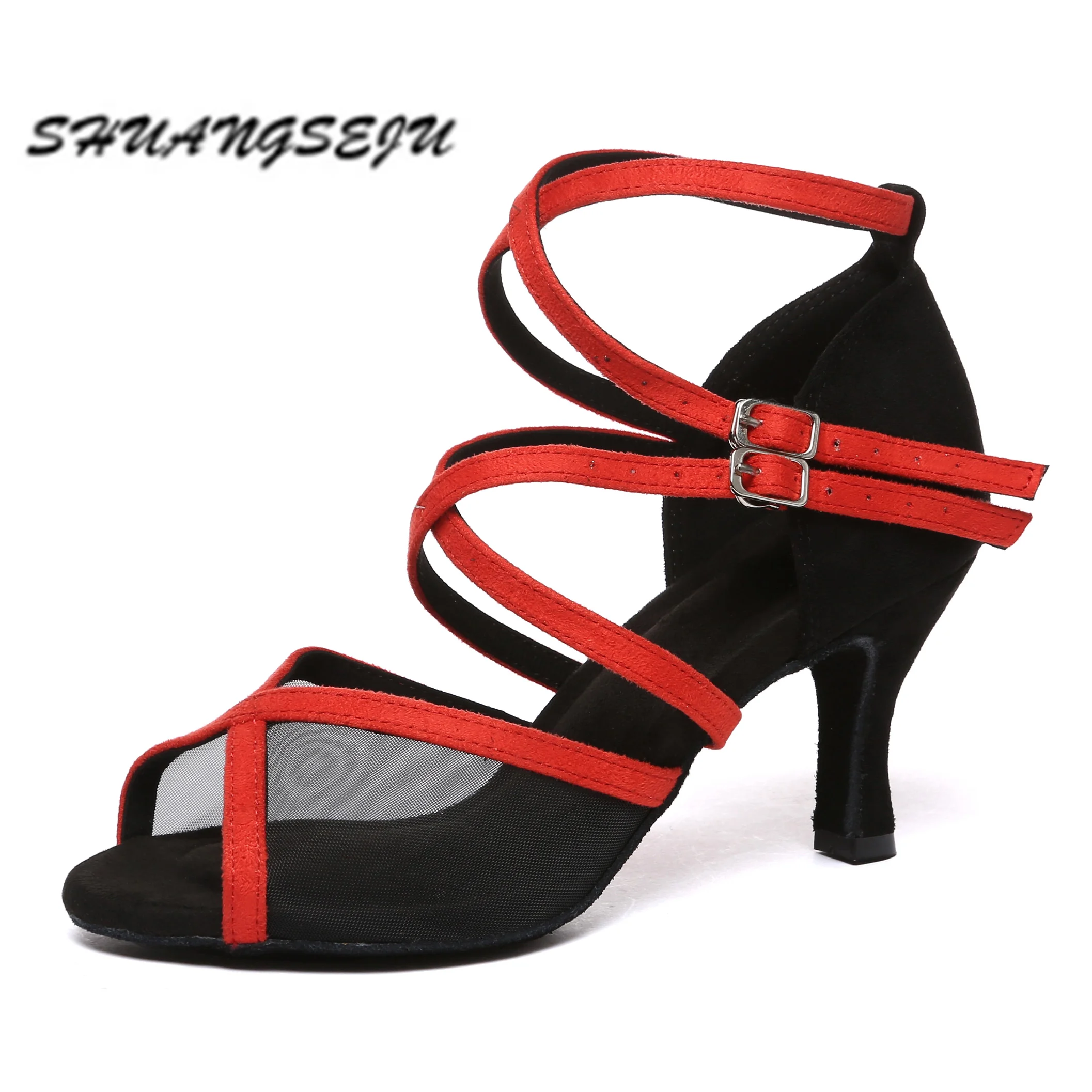 

SHUANGSEJU New Latin dance shoes for women Adult Salsa Bachata Social Square Dance Shoes Red soft soled classic medium high heel