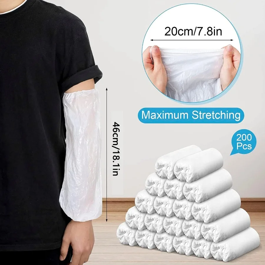 일회용 오버 슬리브 커버 200개입 플라스틱 팔 슬리브 (페인팅, 수리, 청소, 타투 보호용) 흰색 경량