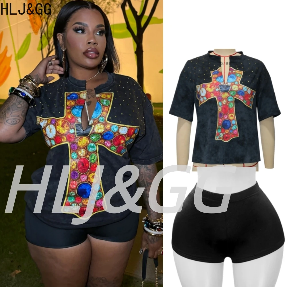 

HLJ&GG Black Y2K Fashion Retro Diamond Oversized Tshirts Two Piece Sets Women Round Neck Loose Top And Shorts Outfits Streetwear