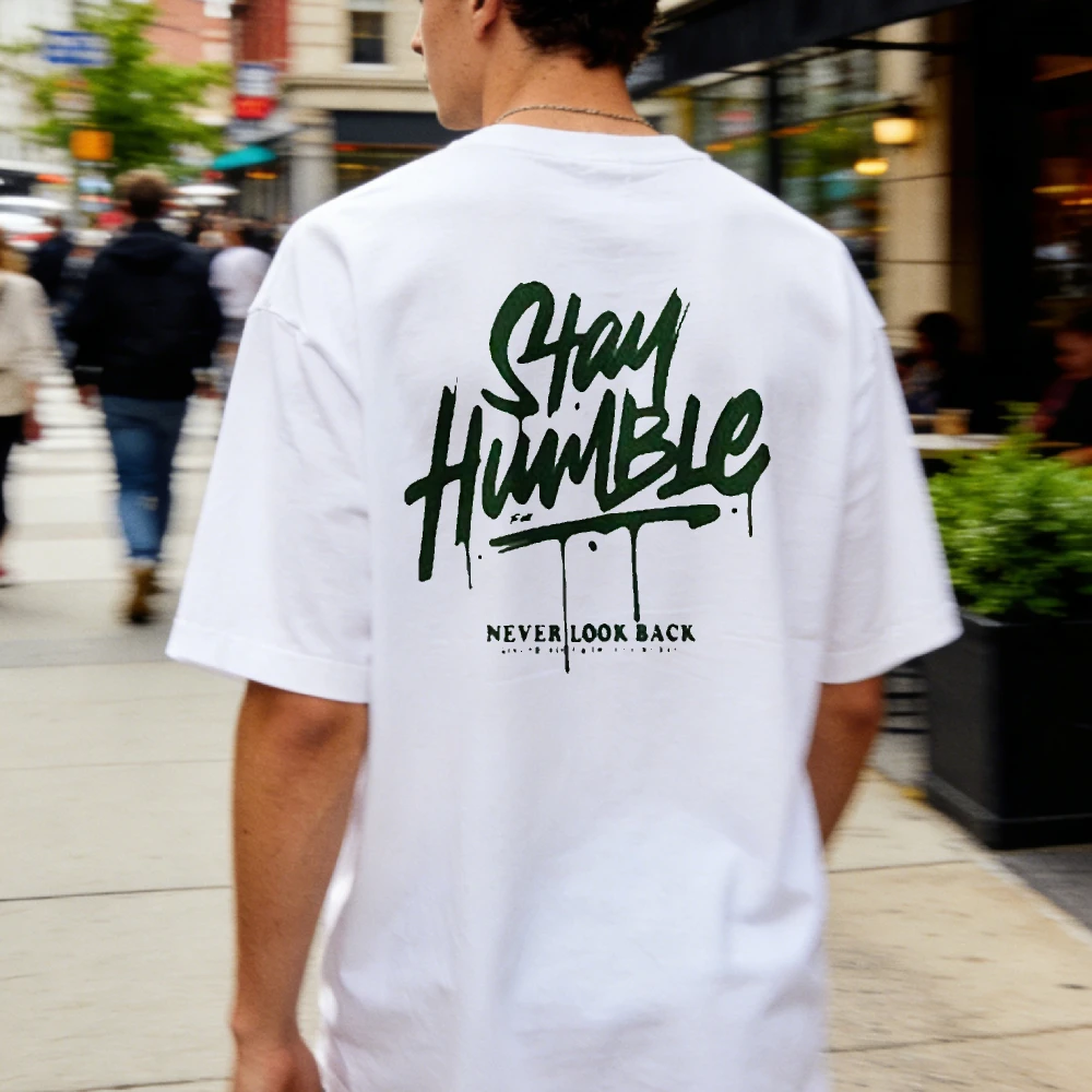Motivational Stay Humble Text Graphic Cotton Short Sleeve Tee Loose Relax Fit Daily Outdoor Top Gift for Young Adults Streetwear