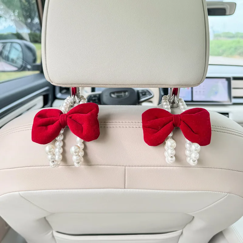 2pcs Car Rear Seat Hook White Pearl Cute Bow Hanger Hook Closed Design Auto Hook Stainless Steel Headrest Hooks Car Accessorie view 6