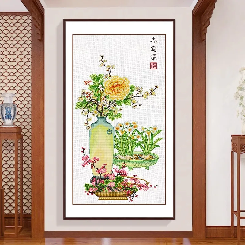 Cross Stitch Kit for Wall Decoration, Landscape Flowers, Blooming in Spring, Classical Chinese Gardens, Used for Entrance