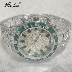 MISSFOX-Montres de sport étanches pour hommes, marque de luxe, argent vert, arc-en-ciel, diamant, montre intelligente, entièrement en acier, horloges masculines, mode