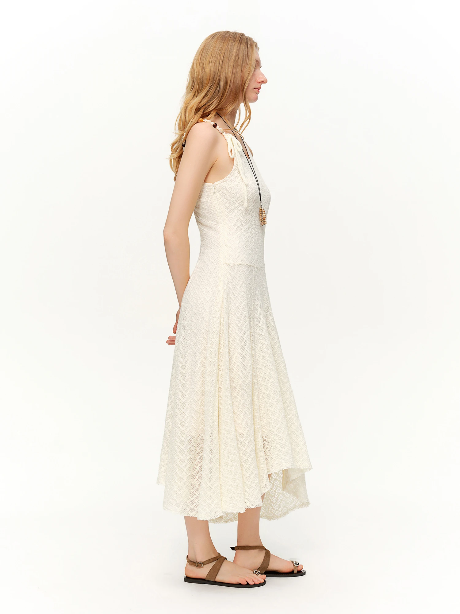 DUSHU Lace Mesh Irregular V-neck Dress New Spring White High-waisted Slim Suspender Pleated Sundress Fairycore Tender Leisure