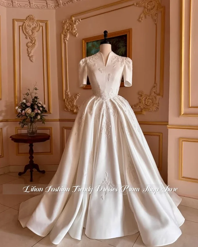 Customized Ivory Stand Collar Muslim Wedding Dress Beaded Traditional Islamic Court Bridal Gown Large Bow Tied Waist Train