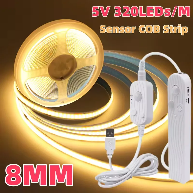 5V COB LED Strip Light Motion Sensor Dimmable Flexible 8MM LED Ribbon USB/Battery Powered Stair Bedroom Night Lighting