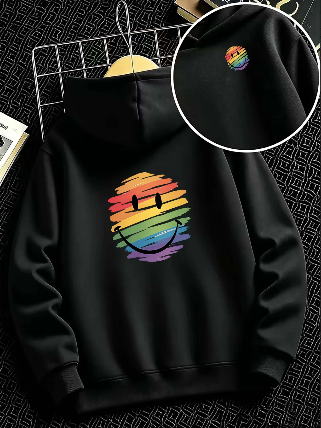 Korea Hot Rainbow Brush Stroke Smiley Face Graphic Hoodie Unisex Simple Casual Pullover Hooded Sweatshirt Loose Fit Autumn