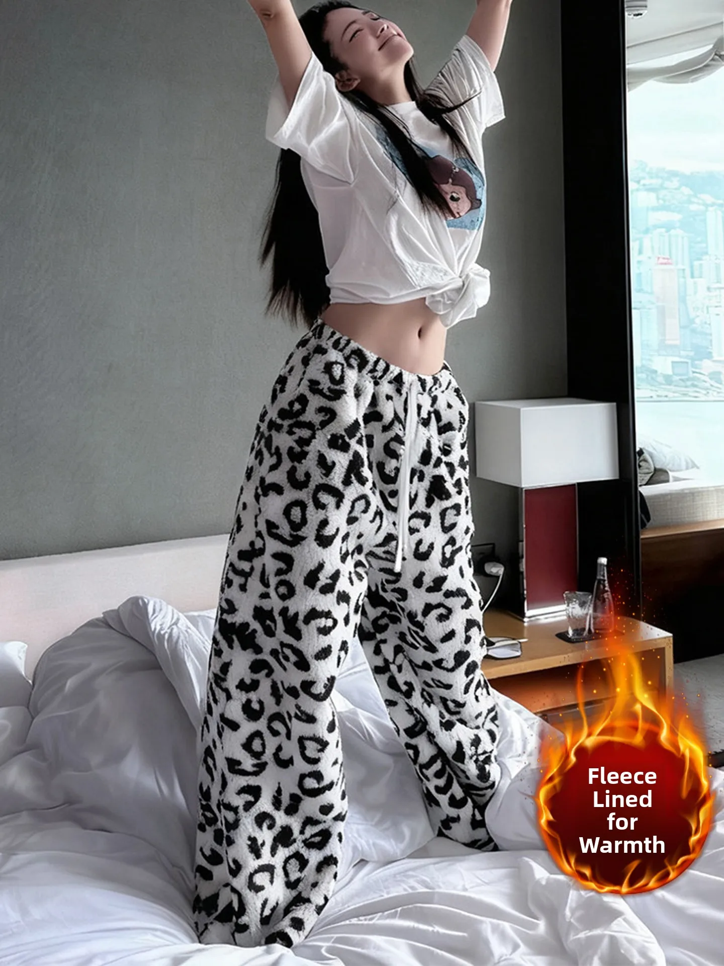 

Thickened Fleece Wide Leg Pants Women's Lazy Style Casual High Waist Straight Drapey Leopard Print Long Trousers