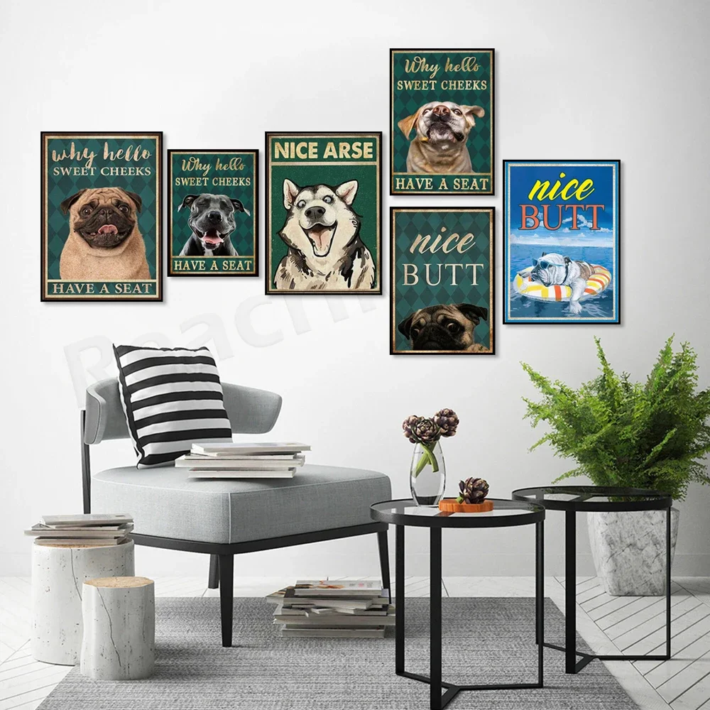 cute dog why hello sweet cheeks has a seat vintage poster, pug, husky dog pet portrait gift, dog lover gift