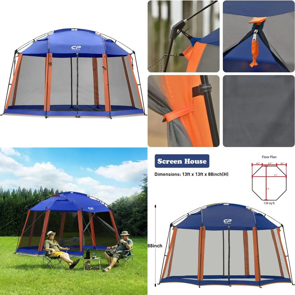 

Screened Canopy Tent with Mesh Walls, 13x13 Ft Outdoor Shelter for Patios, Camping, and Activities - Blue