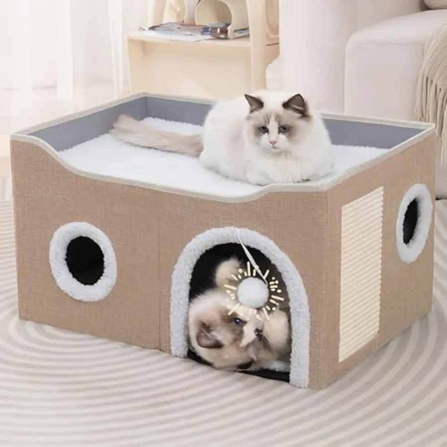 

Cat Houses for Indoor Cats - Large Cat Bed Cave with Scratch Pad and Fluffy Ball, Foldable Cat Condo Hideaway with Reversible C