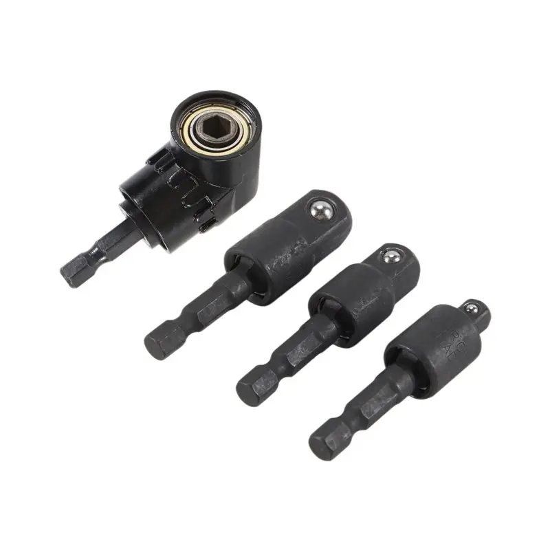 ABGG-Right Angle Drill Adaptor 4-In-1 Impact Drill Bit Extension Black Metal 1/4 3/8 1/2In Impact Grade Socket Adapter Set