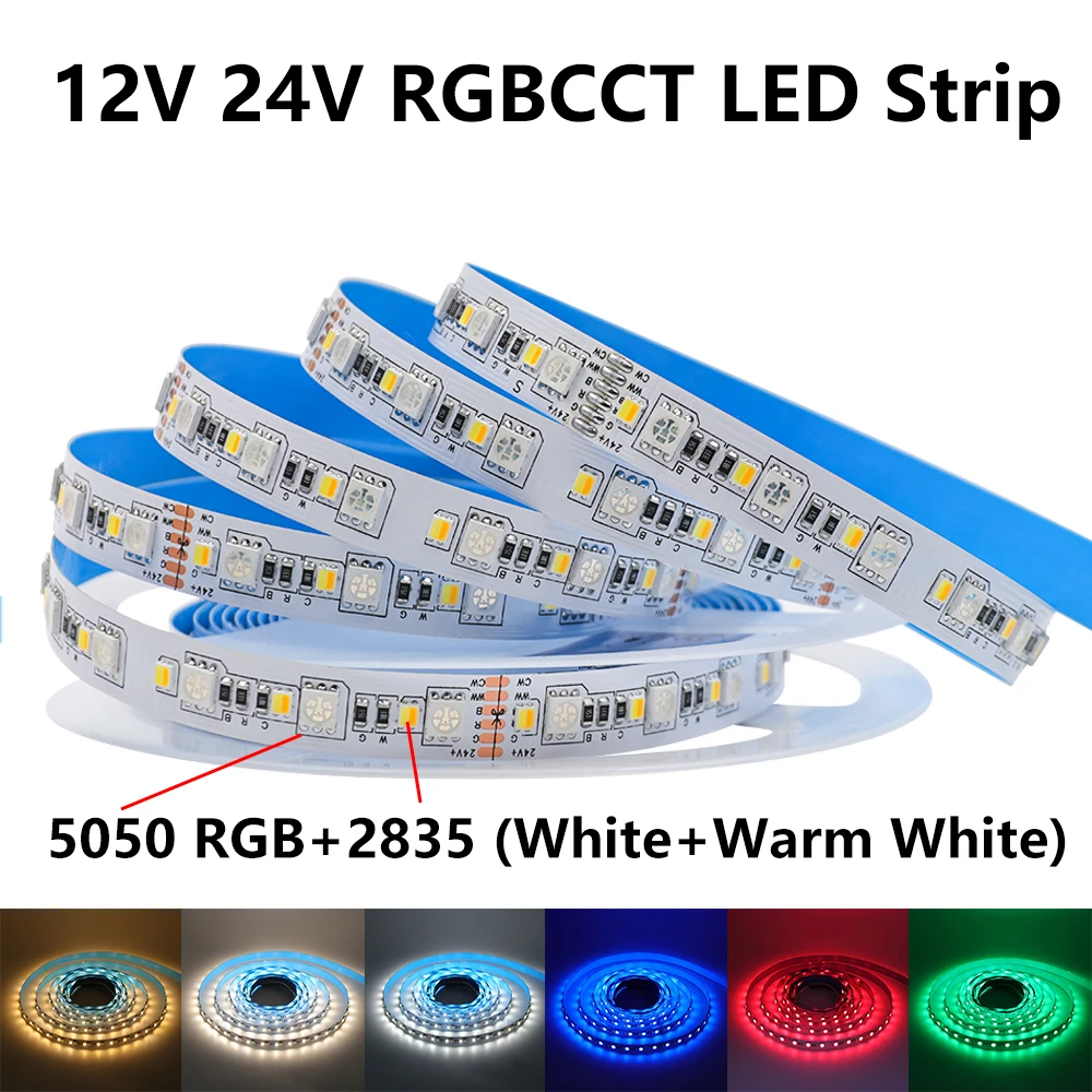 5m RGB CCT LED Strip 12V 24V 5050 RGB + 2835 ciepły biały/biały 120 diod LED/m z możliwością ściemniania elastycznych taśma oświetleniowa LED do