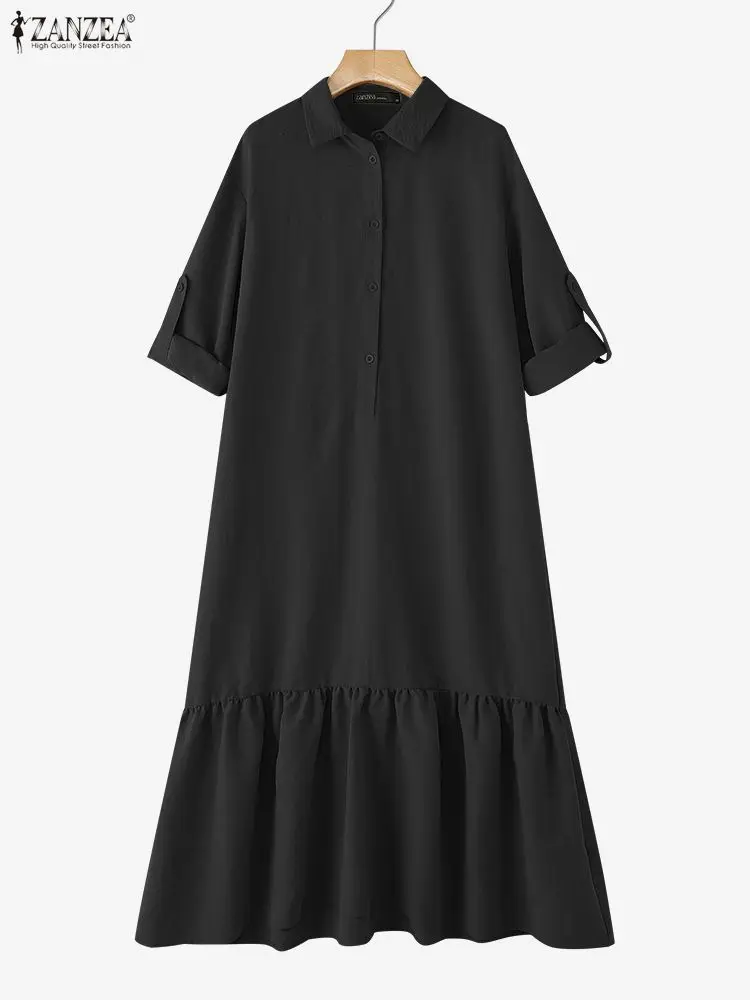 ZANZEA 2025 Autumn Casual Lapel Neck Long Sleeve Dresses Women Fashion Shirt Dress Solid Buttons Midi Robe Elegant Work Sundress