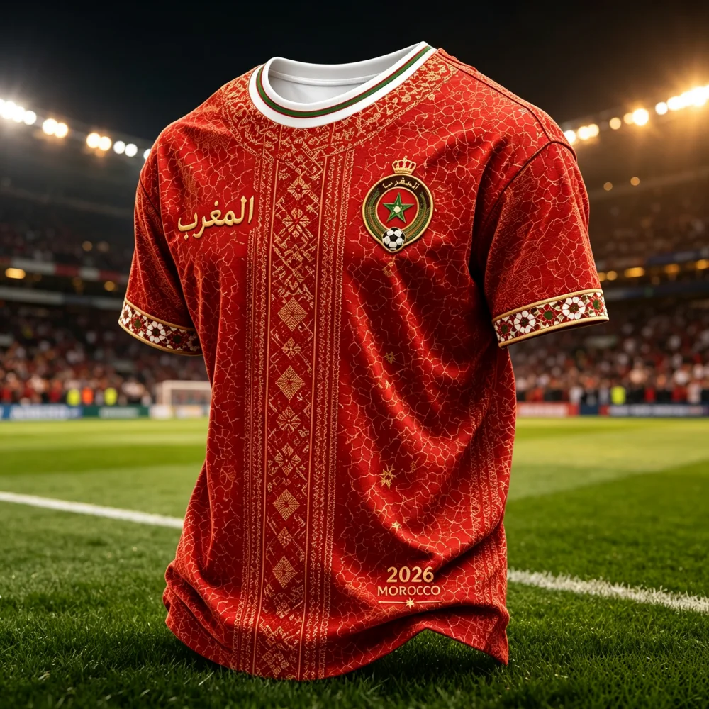 Herren Marokko Familien-Fußballtrikot Rot Kurzarm Arabischer Ethno-Print Fußball-Shirts Nationalmannschaft Fan-Sportbekleidung Familien-Kinder-T-Shirts