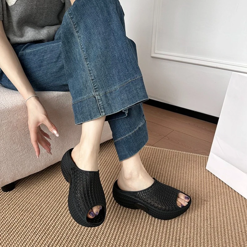 

2026 Summer new women shoes with thick-soled platform heels shoes with woven open-weave peep-toe slipper