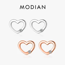 Modian New Summer 925 Sterling Silver Simple Hearts Clear CZ Stud Earrings Fashion Rose Gold Color Ear For Women Fine Jewelry