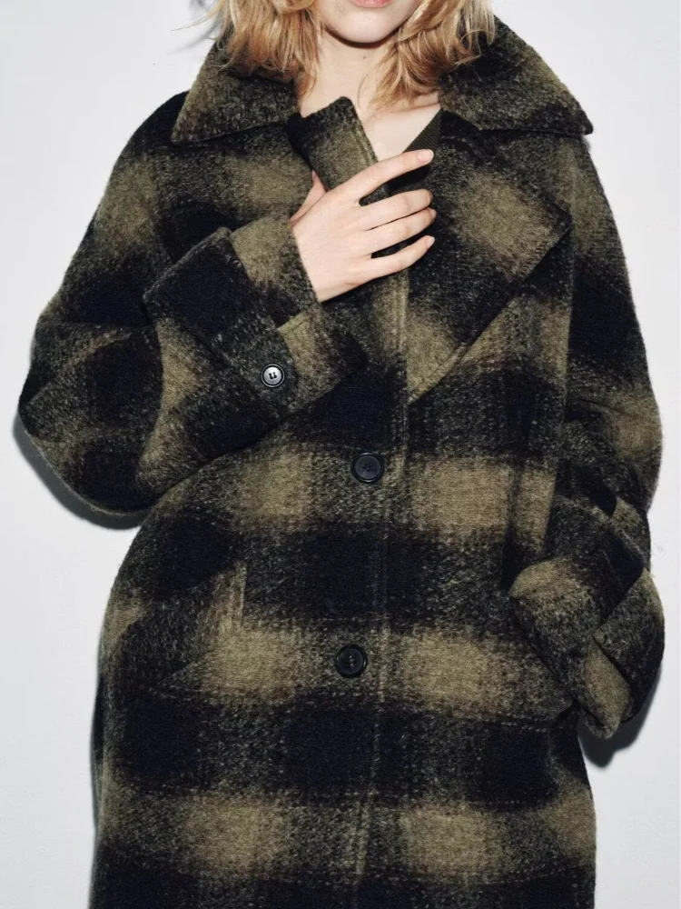 

Women Elegant Lapel Checked Woolen Coat Single Breasted Full Sleeve Pocket Loose Overcoat Lady Autumn Commute Street Coats