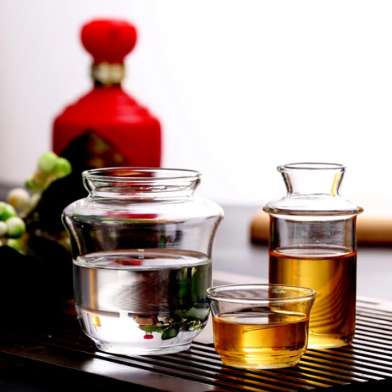 Heat Resistant Glass Sake Warmer Set 3 Piece Japanese Style Sake Carafe Wine Warming Pot Cup Set Home Bar Drinkware Gift