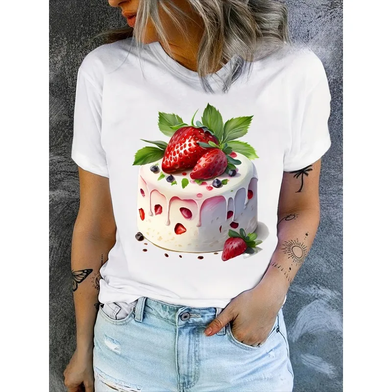 

Women's White Strawberry Cake Print T-Shirt Casual T-Shirt for Dessert Lovers Soft Cotton Women's Crew Neck Y2K Harajuku Top