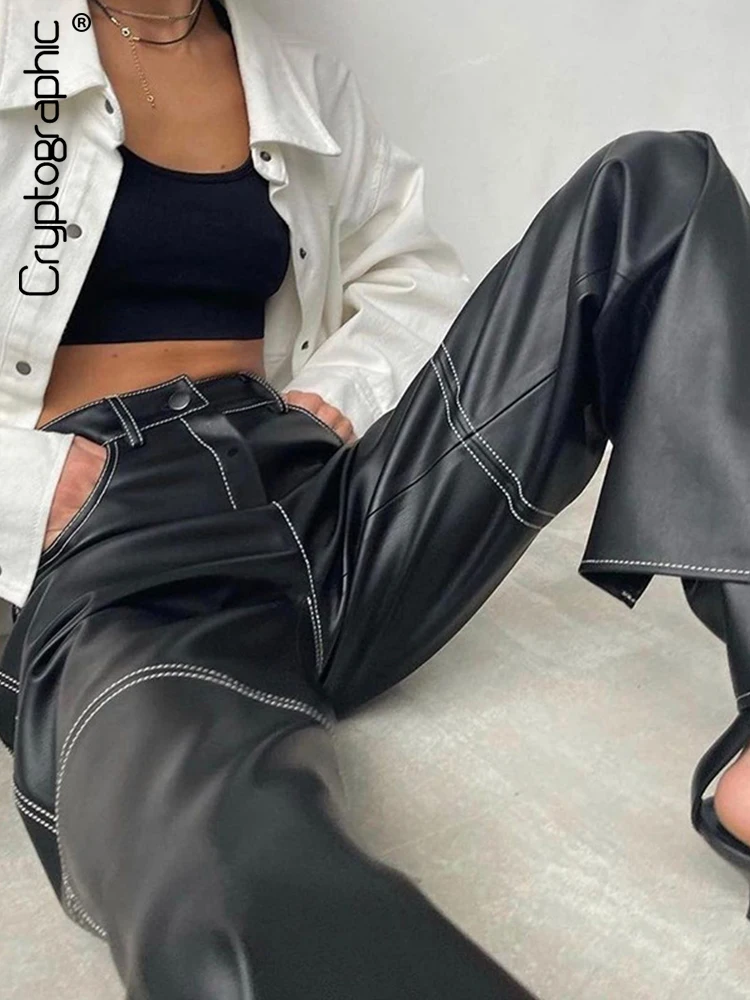 Cryptographic Fashion Gothic Black PU Leather Wide Leg Pants Women Trousers Streetwear Bottom Casual Punk Pants Outfits