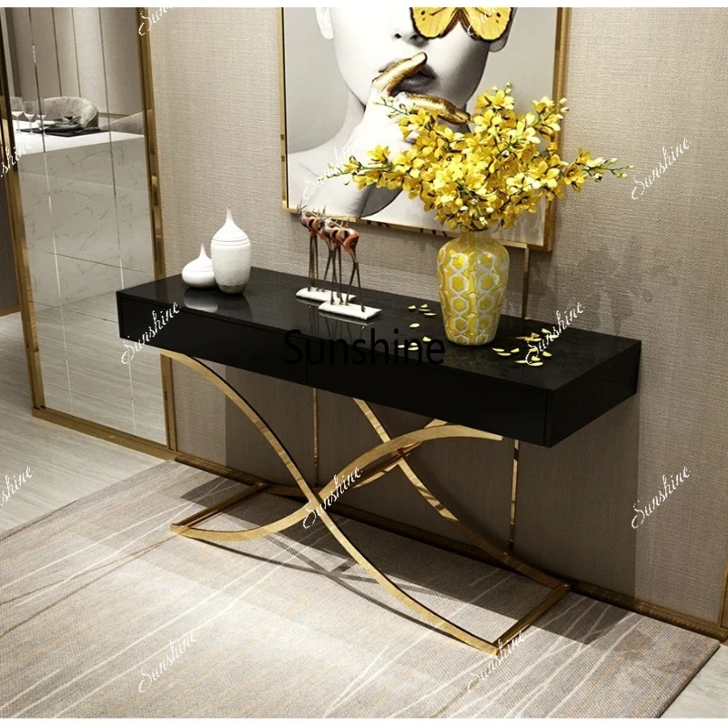 

Light luxury solid wood entrance table White paint decorative cabinet with drawers Metal entrance cabinet