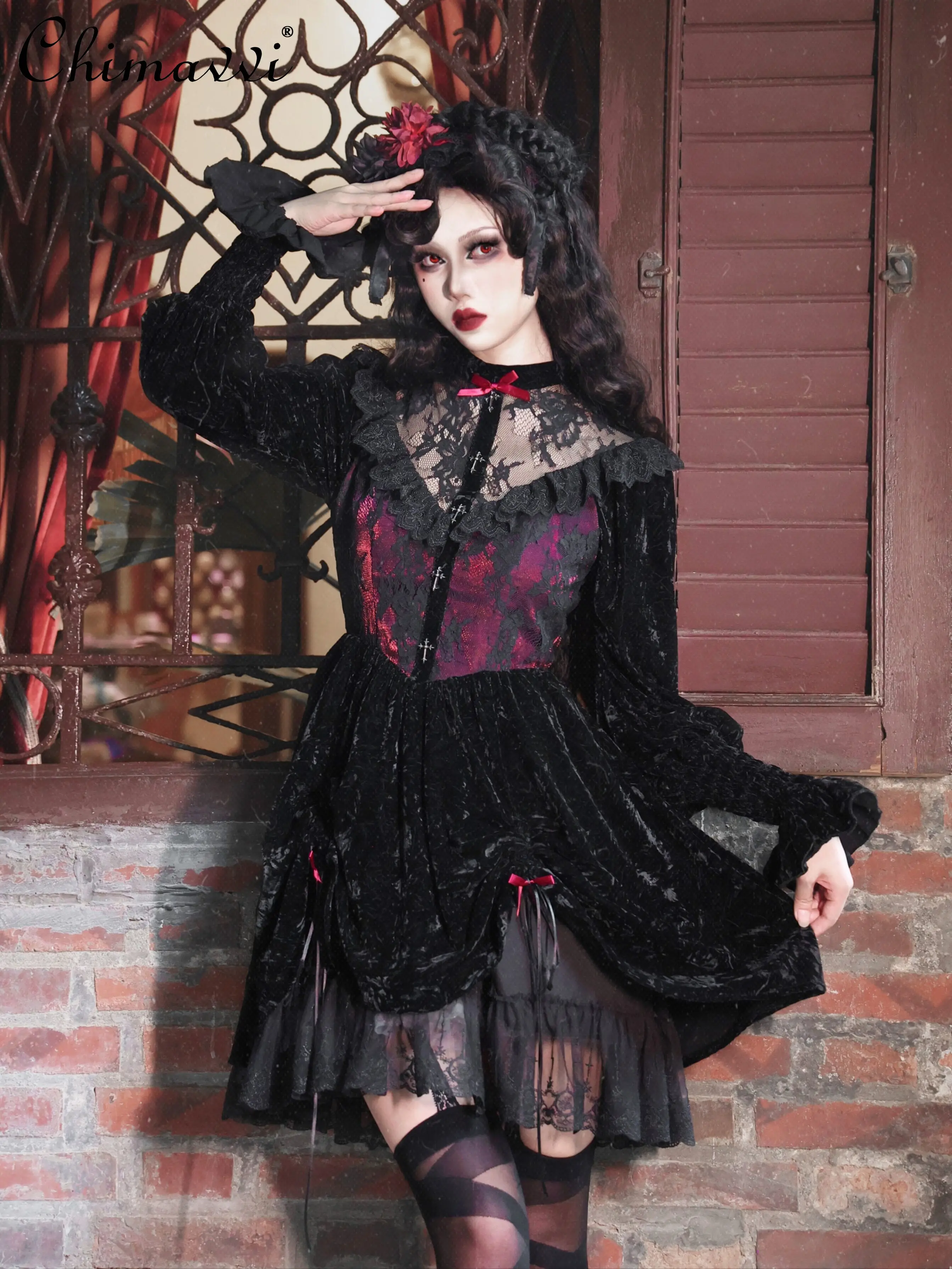 

Original Gothic Dark Drawn Rope Bow Lace Velvet Bubble Sleeve Dresses Women Autumn Halloween Cos Lolita Elegant Hot Girls Dress