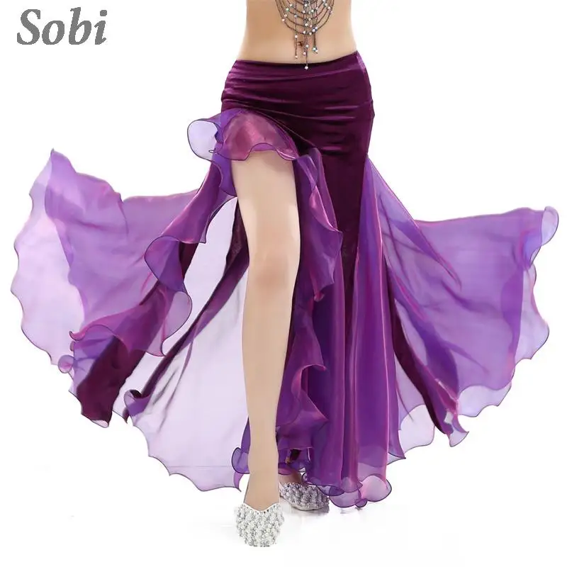 Women Belly Dance Performance Skirt Sexy Split Long Chiffon Skirt Low Waist Swing Dance Wear Carnival Party Dancing Clothing